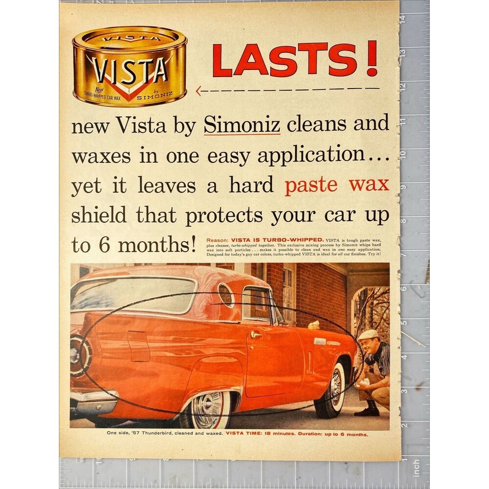Vista Car Wax by Simoniz "Vista Time" '57 Ford Thunderbird Vintage Print Ad '57 - Picture 2 of 3
